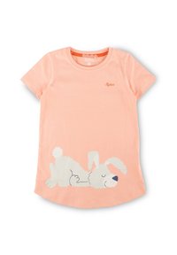 Peach short-sleeve t-shirt in soft cotton featuring a white, sleeping bunny graphic with blue accents and rounded hem.