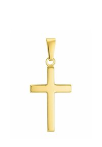 Ciondolo croce d'oro con finitura lucida, caratterizzato da un design semplice e bordi diritti. Attaché con un anello rotondo per appenderlo.