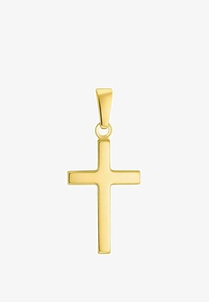 Pendiente de cruz de oro con un acabado pulido, que presenta un diseño simple y bordes rectos. Sostenido por un aro redondo para colgar.