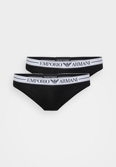 Zwart katoenen ondergoedset met een logo tailleband waarop "EMPORIO ARMANI" in het wit staat. Het ontwerp heeft een gladde textuur en een shortcut.