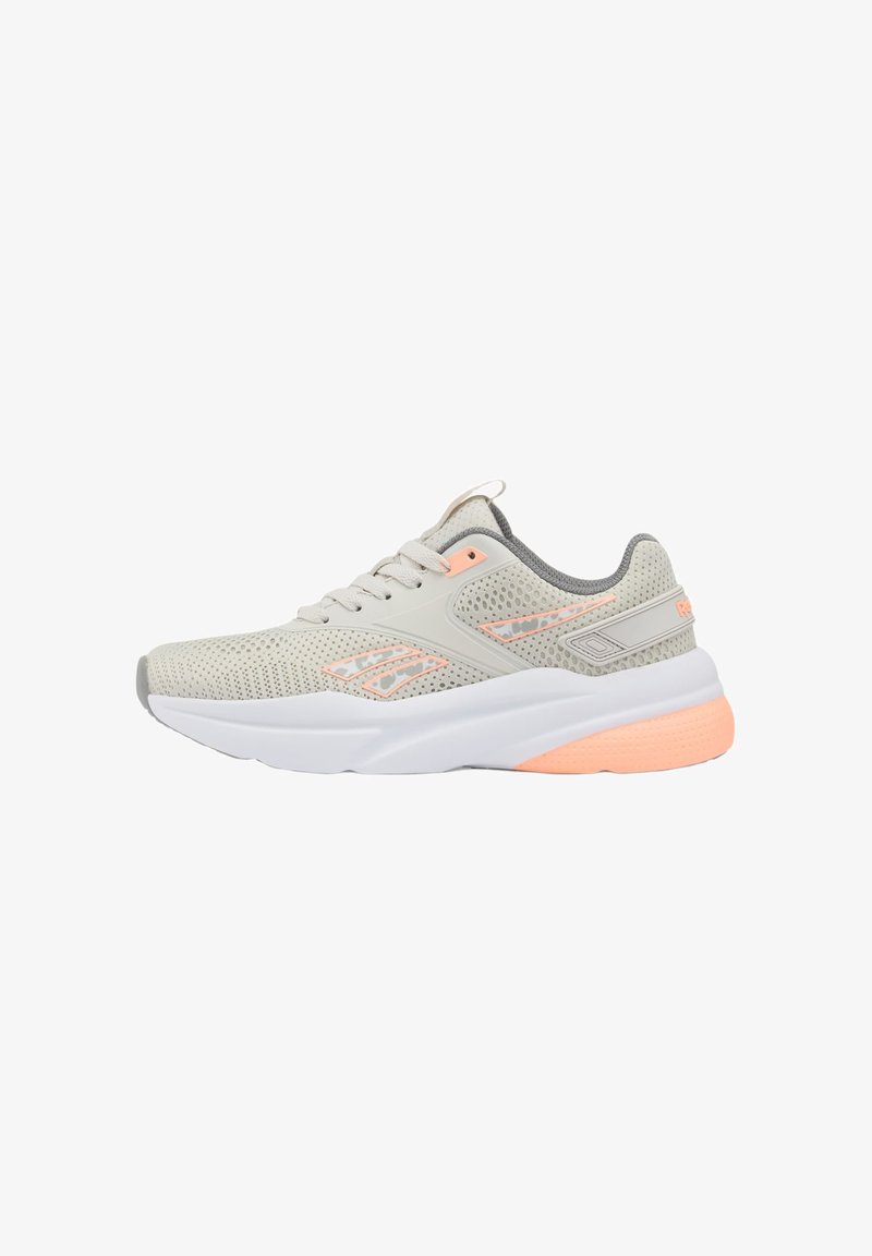 Light gray mesh athletic shoe with white sole and subtle pink accents, featuring laces and padded collar for comfort.