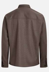 Brown checkered long-sleeve shirt with a button-down collar and cuffs, featuring a textured fabric pattern and straight hemline.