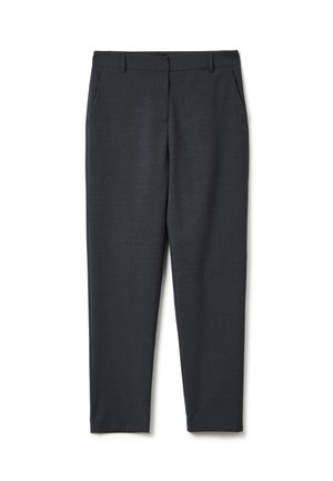 Dunkelgraue Hose aus einem strukturierten Stoff. Mit flacher Vorderseite, Seitentaschen und einem taillierten Schnitt mit schmalem Bein.