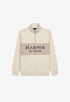 Cream-colored pullover with a quarter-zip collar, featuring a beige horizontal stripe and dark blue text "HARPER & NEYER" in the center.