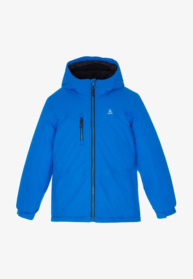 Veste d'hiver bleue à capuche avec fermeture éclair sur le devant, poche poitrine zippée, poignets élastiques et doublure intérieure noire.