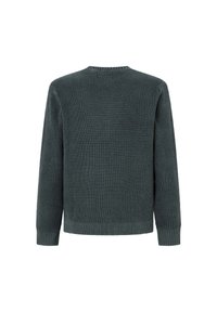 Tmavě šedý pletený svetr s dlouhými rukávy, žebrovanými manžetami a lemem, zobrazený zezadu na bílém pozadí.