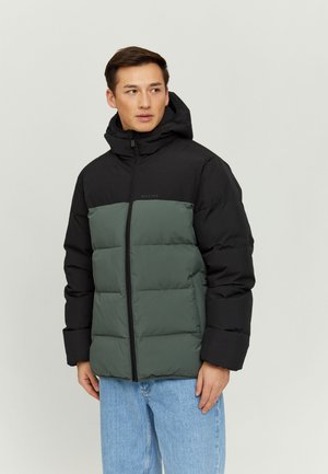 Puffer jacket with a black upper section and a green lower section. Features a hood, zip closure, and quilted design in a lightweight material.