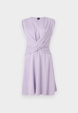 Sleeveless lilac dress with a twisted waist detail, round neckline, and knee-length flowy skirt on a plain background.