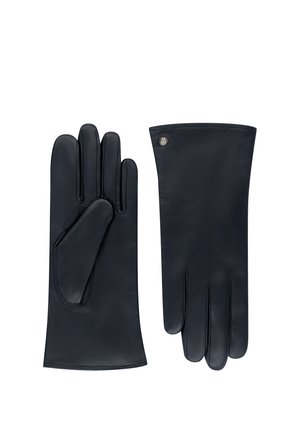 Marineblaue Lederhandschuhe mit drei Fingern und einem Bündchen. Glatte Textur, minimalistisches Design und ein kleines Metallelement am Handgelenk.