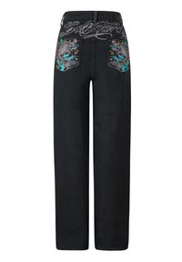 Jeans de denim negro con un corte recto, que cuentan con un intrincado bordado de dragón colorido en los bolsillos traseros y costuras decorativas blancas.