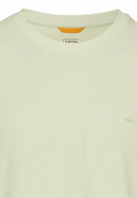 Lys grøn bomulds T-shirt med rund halsudskæring og en orange detalje nær mærket. Har subtil branding på brystet.