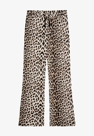 Laisvos leopardų rašto kelnės su elastingu juosmeniu ir raišteliu, pasižyminčios minkšta, lygia tekstūra ir plačiomis kojomis.