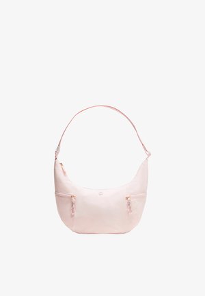 Sac à épaule rose clair avec deux poches avant zippées et une seule bandoulière réglable sur fond blanc.