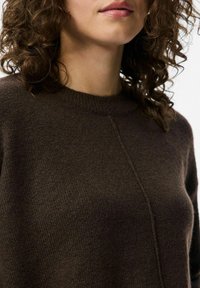 Brązowy sweter dzianinowy z okrągłym dekoltem, charakteryzujący się gładką teksturą i subtelnymi detalami szwów, noszony przez osobę z kręconymi włosami.