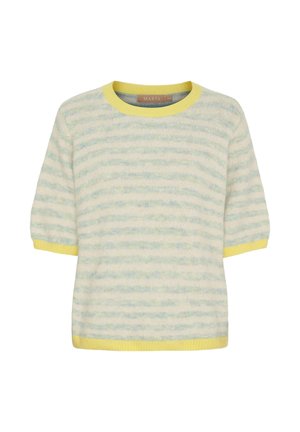 Kortærmet, blød striksweater med lyseblå og hvide vandrette striber, gul ribbet halsudskæring, manchetter og kant.
