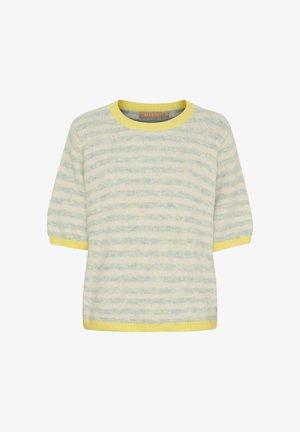 Kortærmet, blød striksweater med lyseblå og hvide vandrette striber, gul ribbet halsudskæring, manchetter og kant.