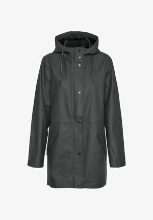 Giacca impermeabile, lunghezza al ginocchio, di colore grigio scuro, con cappuccio, cordino, bottoni a pressione e due tasche frontali per utilità e comfort.