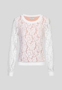 Λευκό φούτερ με δαντέλα και μακριά λευκά μανίκια; διαφανής floral δαντέλα πάνω από ένα ανοιχτό ροζ εσωτερικό στρώμα; ριμπ λαιμόκοψη και μανσέτες.