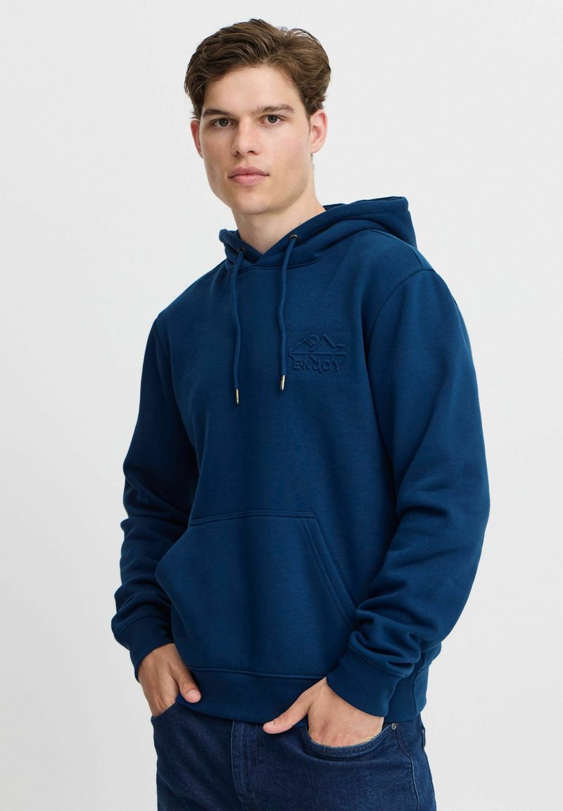 Navy blue hoodie made of soft cotton blend, features a kangaroo pocket, drawstring hood, and embossed "ENJOY" logo on the chest.