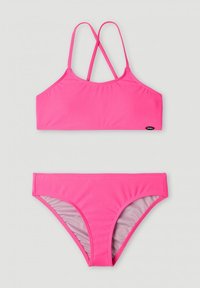 Roze bikini set met een crop top met kruislings rugbandjes en bijpassende low-rise slips, gemaakt van soepel, rekbaar materiaal.