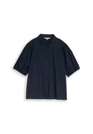 Navy blue short-sleeve blouse with button front, pointed collar, puffed sleeves, and subtle textured dot pattern.
