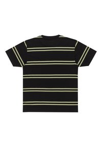 Camiseta negra de manga corta con rayas horizontales en verde claro. Diseño de cuello redondo, textura suave y un corte clásico. Sin detalles gráficos.