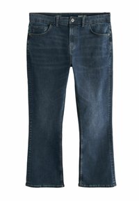 Dark blue boot-cut jeans made of denim. Features five pockets, a front button closure, and slightly frayed hem. Smooth texture.
