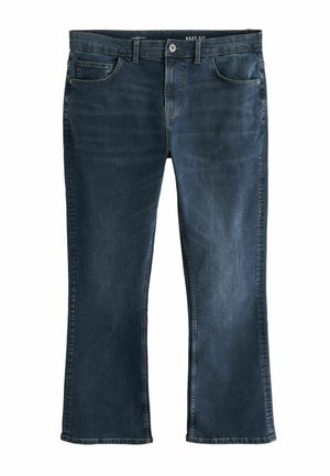 Dunkelblaue Bootcut-Jeans aus Denim. Verfügt über fünf Taschen, einen Frontknopfverschluss und einen leicht fransigen Saum. Glatte Textur.