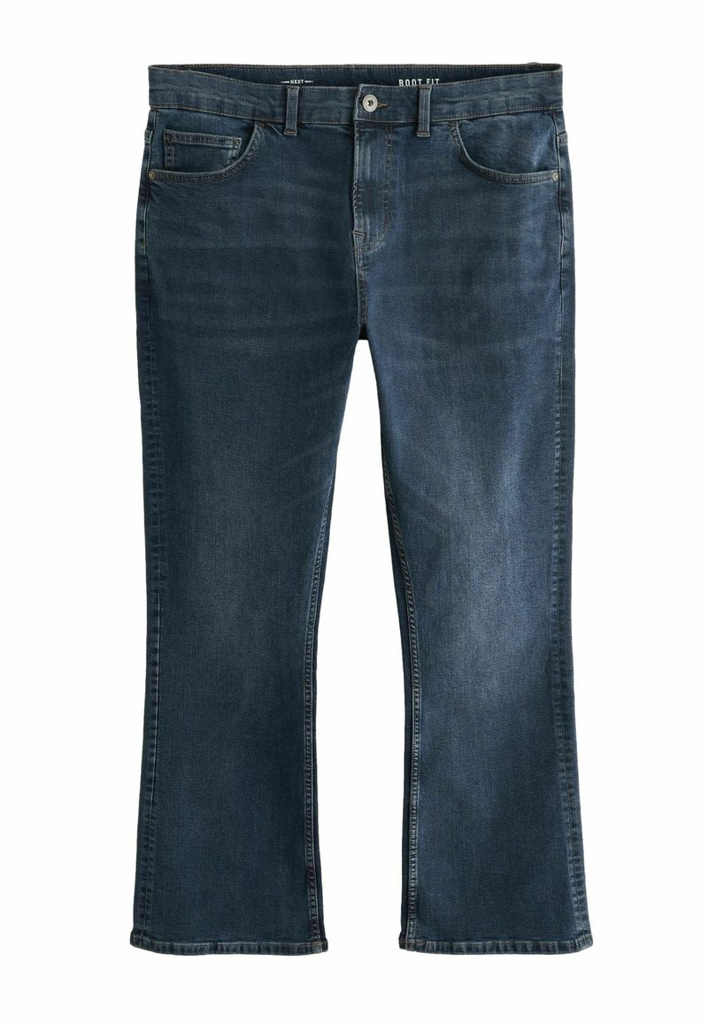 Dark blue boot-cut jeans made of denim. Features five pockets, a front button closure, and slightly frayed hem. Smooth texture.