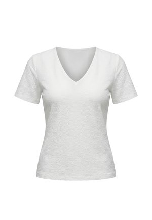 Top blanco con textura para mujer, de manga corta y escote en V, con una silueta ligeramente entallada.