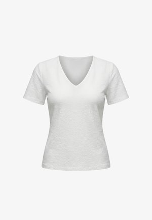 Top blanco con textura para mujer, de manga corta y escote en V, con una silueta ligeramente entallada.