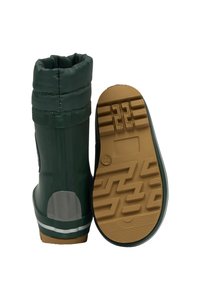 Groene rubberen laars met een flexibele bovenkant, een gestructureerde zool en een grijze accent op de hak. Bevat witte strepen rond de basis.