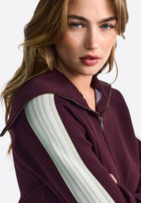 Temno rjava jakna z zadrgo, narejena iz teksturirane tkanine s kontrastnim črtastim vzorcem v svetlo zeleni barvi na rokavih. Ima visok ovratnik.