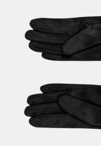 Guanti neri in tessuto morbido con una texture liscia. Presentano cinque dita, un polsino arrotondato e sottili dettagli di cucitura.