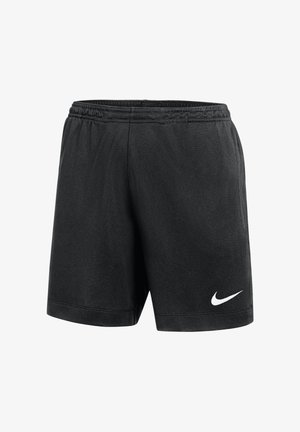Zwarte sportieve shorts met elastische tailleband en wit Nike swoosh-logo op het linkerbeen, geïsoleerd op een witte achtergrond.