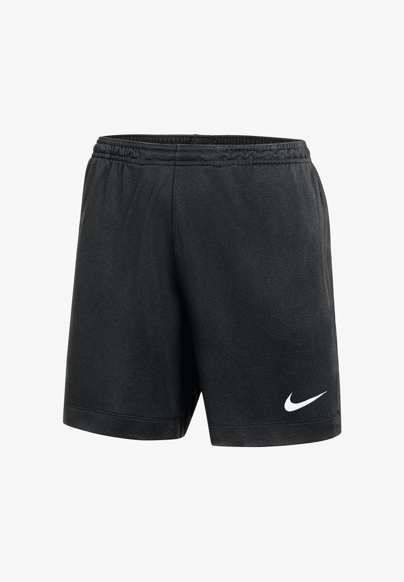 Pantalones cortos deportivos negros con cintura elástica y logo blanco de Nike Swoosh en la pierna izquierda, aislados sobre fondo blanco.