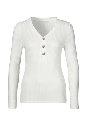 Valkoinen pitkähihainen ribbikangas-paita, jossa on V-aukko ja kolme ruskeaa nappia edessä keskellä.