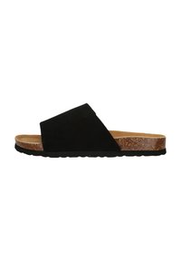 Sandal en daim noir à enfiler avec une semelle en liège, présentant une large sangle inclinée et une semelle en caoutchouc texturée pour une bonne adhérence.