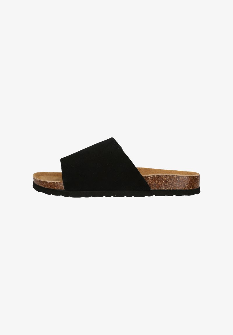 Zwarte suede slide sandaal met een kurken voetbed, voorzien van een brede, schuin lopende band en een gestructureerde rubberen zool voor grip.