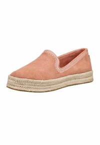 Alpargata sin cordones con parte superior de ante rosa claro y suela plataforma de yute trenzado, con detalle de costura en zigzag alrededor de la abertura.