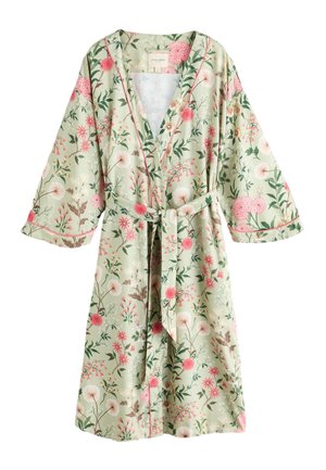 Light green kimono robe with pink and white floral print, wide sleeves, belt tie, and contrasting pink piping on collar and cuffs.