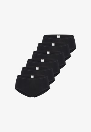 Czarne bawełniane majtki, wysoki stan, jednolity kolor. Sześć par w opakowaniu, charakteryzujące się gładką strukturą i minimalistycznym detalem metki.