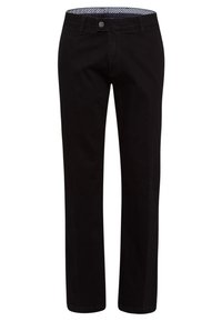 Pantaloni in cotone neri con un design a gamba dritta. Presentano una chiusura con bottone e una fodera a motivo quadrettato in vita. Nessun ulteriore dettaglio.