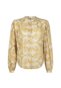 Hemdbluse in Gelb und Weiß mit geometrischem Muster, langen Ärmeln und rundem Halsausschnitt. Aus leichtem Stoff hergestellt.