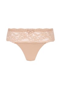 Lace-trimmed string in lichtbeige, met een bloemenpatroon, een glad satijnen lichaam en een kleine strikaccent aan de voorkant in het midden.