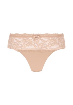 String en dentelle beige clair, avec un motif floral, un corps en satin lisse et un petit accent en nœud au centre à l'avant.
