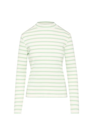 Langärmliges Oberteil mit einem gerippten Design, das abwechselnd weiße und hellgrüne horizontale Streifen aufweist, runder Ausschnitt und figurbetonten Schnitt.