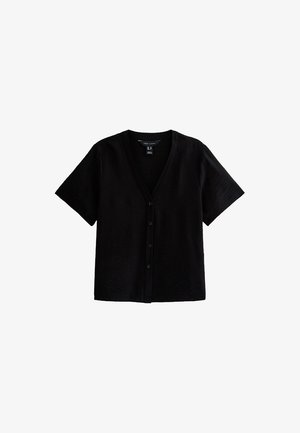 Zwarte cardigan met korte mouwen, V-hals, textuurstof, sluiting met vijf knopen en een ontspannen pasvorm.