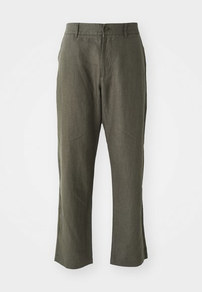 Linen trousers in olive green, featuring a straight cut, belt loops, a front button closure, and side pockets. Smooth texture, minimal design.