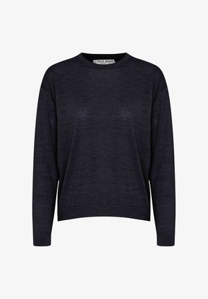 Dunkelblaues Strickpullover mit Rundhalsausschnitt, langen Ärmeln und lockerer Passform. Besitzt eine weiche Textur sowie gerippte Bündchen und Saum.